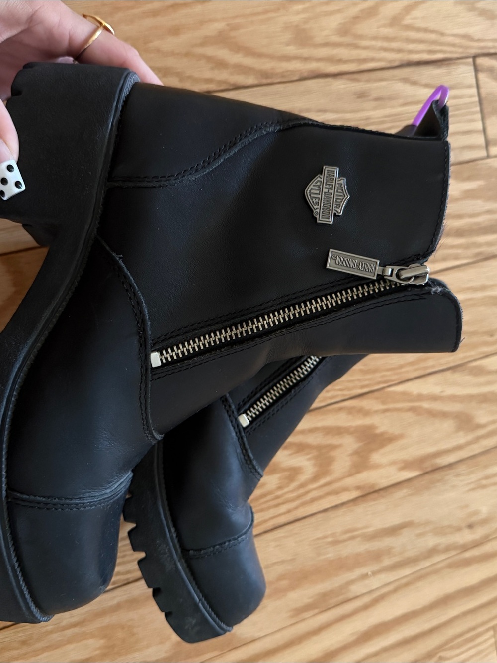 Harley-Davidson Black Leather Zip Ankle Booties with Silver Hardware
